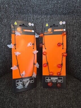 NEW Lot 2 Happy Halloween Light-Up Necklaces Ghost & Pumpkins Jack O' Lanterns